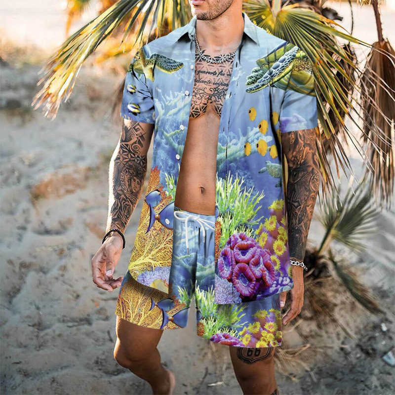 2023 New Men's Hawaiian Beach Travel Shirt Set Men's 3D Printed Short Sleeve Shirt Beach Pants Suit