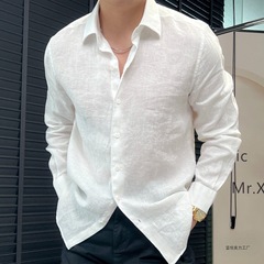 2025春季新款高品质棉亚麻纯色长袖衬衫男士宽松欧货百搭上衣衬衣