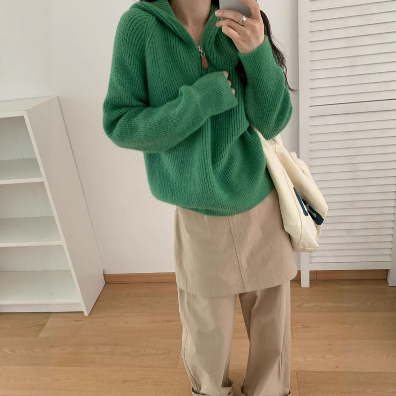 韩系百搭高级感超好看的套头连帽毛衣女秋冬新款内搭帽衫针织上衣|undefined