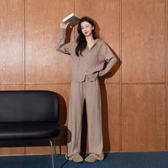 时尚针织套装女外贸秋冬季新款休闲连帽短款外套直筒长裤两件套