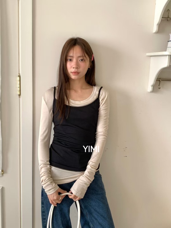 YIMI韩版东大门气质简约纯色两件套长袖T恤+撞色吊带马甲套装女潮|undefined