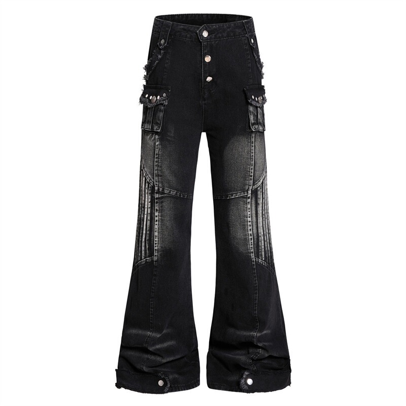 Men's Bell-Bottom Pants with Long Front Placket, Washed Workwear Style, Vintage Button Design, Trendy Multi-Pocket, Frayed Edges, Hippie Style, Whiskered Denim