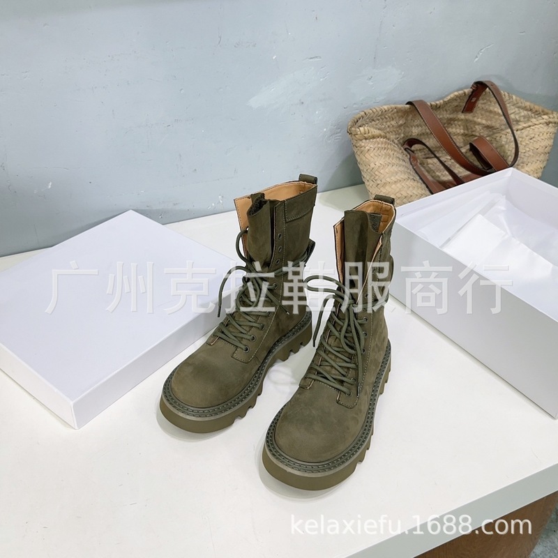 小众2025秋冬新款时髦真皮绑带马丁靴女机车风厚底中筒工装骑士靴|undefined