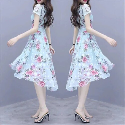 Mother's dress for summer, women's short-sleeved, waist-cinching, age-defying, printed, long-length, large skirt