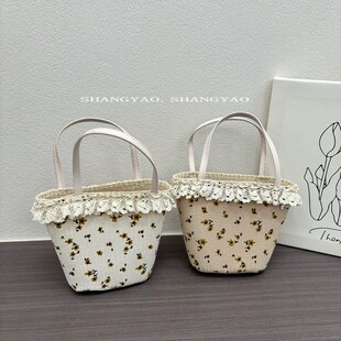 2025 New Kidsren's New Ins Style Sweet Lace Floral Handbag Straw Handbag Photo Cute Small Bag