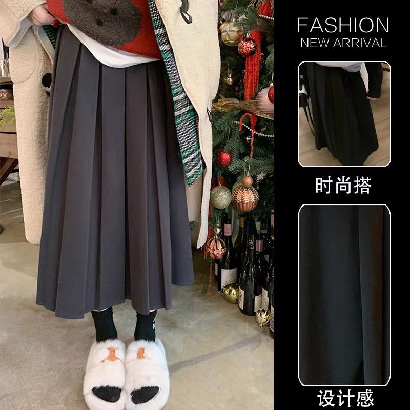 Pregnant Women's Grey Woolen Skirt Women's Mid-Length Autumn One-Waist Design Pleated Skirt Long Skirt