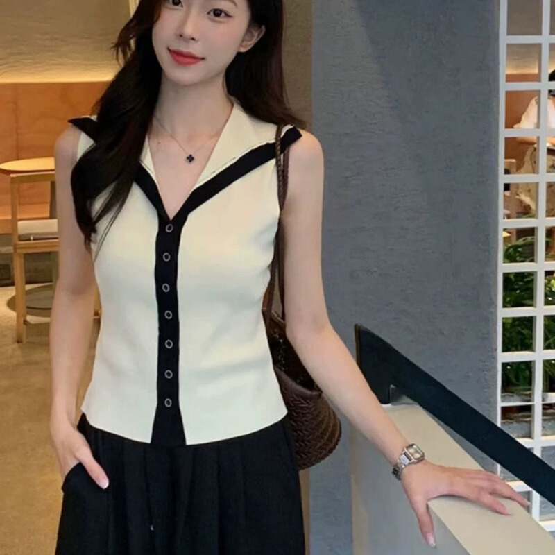 New Sleeveless Vest Autumn Navy Collar Outer Wear Knitwear Women's Trendy Contrast Ice Silk Top French Retro Slim Fit