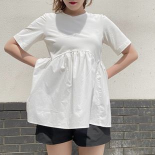 Maternity Clothing Simple Round Neck A- Shrink Pleated Stitching Short-Sleeved Top T-Shirt Solid Color Doll Shirt Loose plus size Women's Fashion
