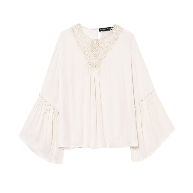 Uc&Za Cross-Border Aliexpress Women's European and American Style Round Neck Lace Details Pleated Draped Loose Shirt 3081842