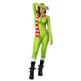 Christmas Jumpsuit Stage Performance Costume Cos Green Furry Monster Scarf Pattern Digital Printing Performance Costume Bodysuit