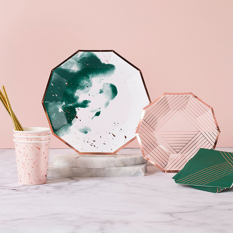 New Style Tableware for Party Decoration, Paper Plates and Cups, Chinese Style Green Ink Wash Dishes, High-End Party Cake Plates