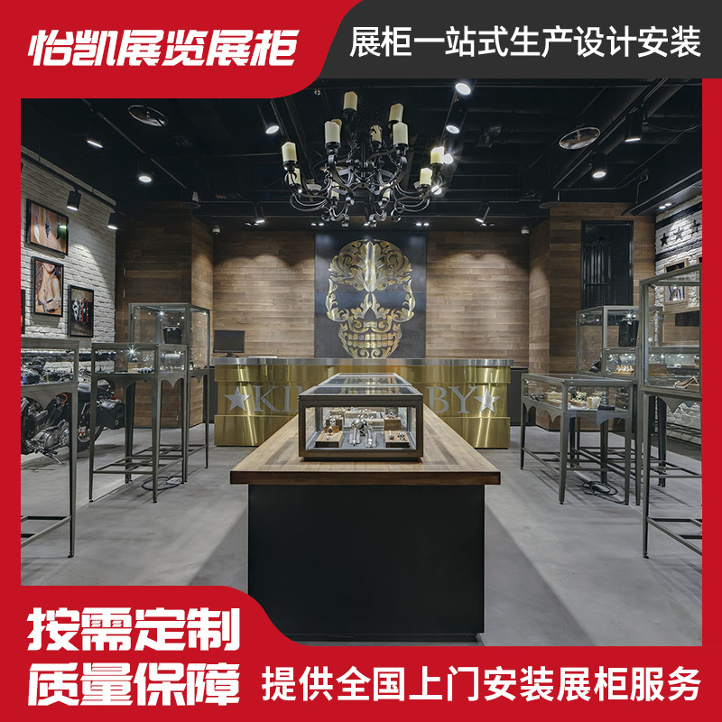 复古风格珠宝展柜不锈钢拉丝首饰展柜商场钢化玻璃珠宝展架