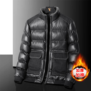 Winter 2023 new men's cotton and thickening coat young and middle-aged slim stand collar PU leather large pocket cotton-padded coat men's fashion