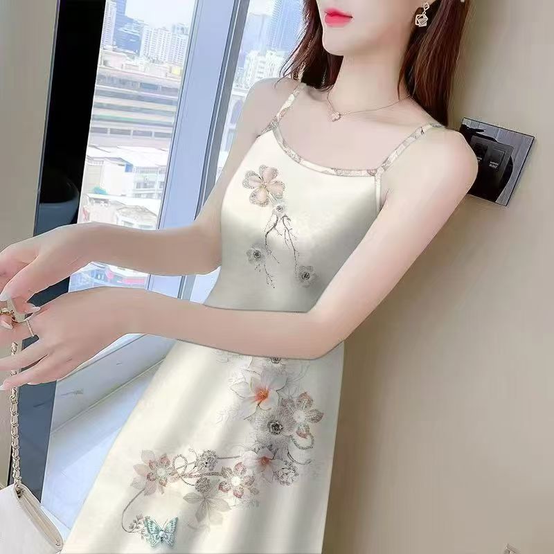 中长款夏季吊带连衣裙时尚名媛洋气薄款印花小吊带外穿遮肉打底裙