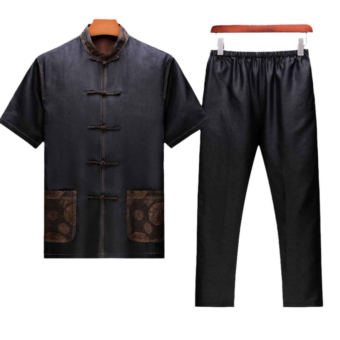 Silk set for elderly, shirt, Chinese style, for middle age, with short sleeve