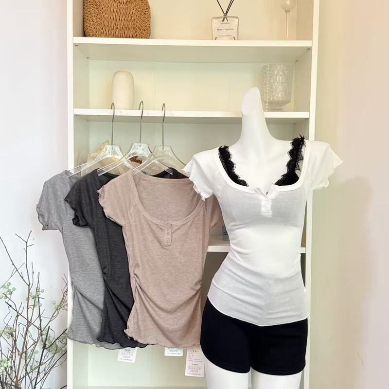 Xzichic"Korean Comic T" Tencel Wool Large U-Neck Short Sleeve T-Shirt for Women, Summer Skin-Friendly Lightweight Flutter Sleeve Top