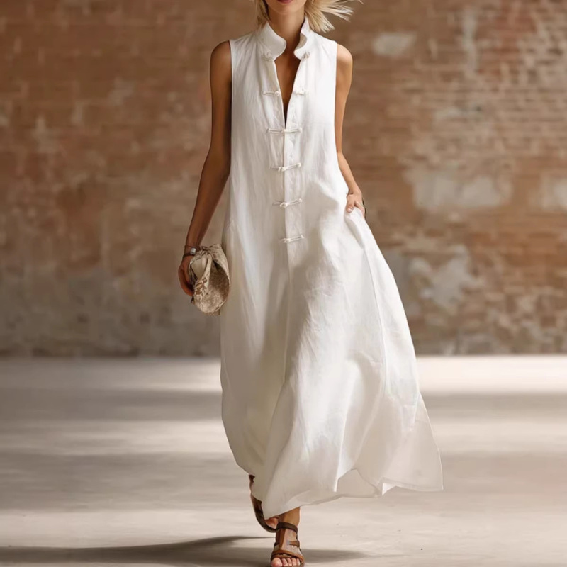 2026 New European and American Cross-Border Amazon Independent Site Fashion Stand-Collar Frog Button Loose Linen Cotton Long Dress
