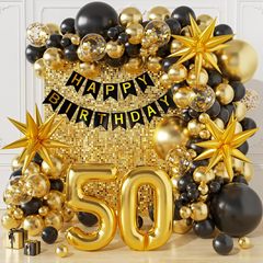 クロスボーダー黒金60歳诞生日バルーンセット50歳诞生日おめでとうバナー数字バルーンアーチキット