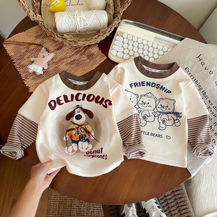 Korean Style Spliced Sleeve Autumn and Winter Base Shirt Men's and Women's Treasure Cartoon Puppy Print Long Sleeve T-Shirt Color Matching Inner Warm Top