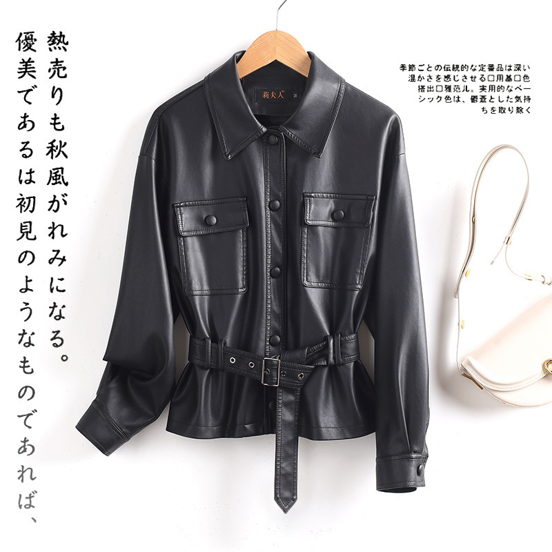 2025年と秋の新型海寧の小さい皮の服の小さいスーツの女性の短い襟はやせている機関車の大きいサイズの皮のジャケットのコートを現します。|undefined