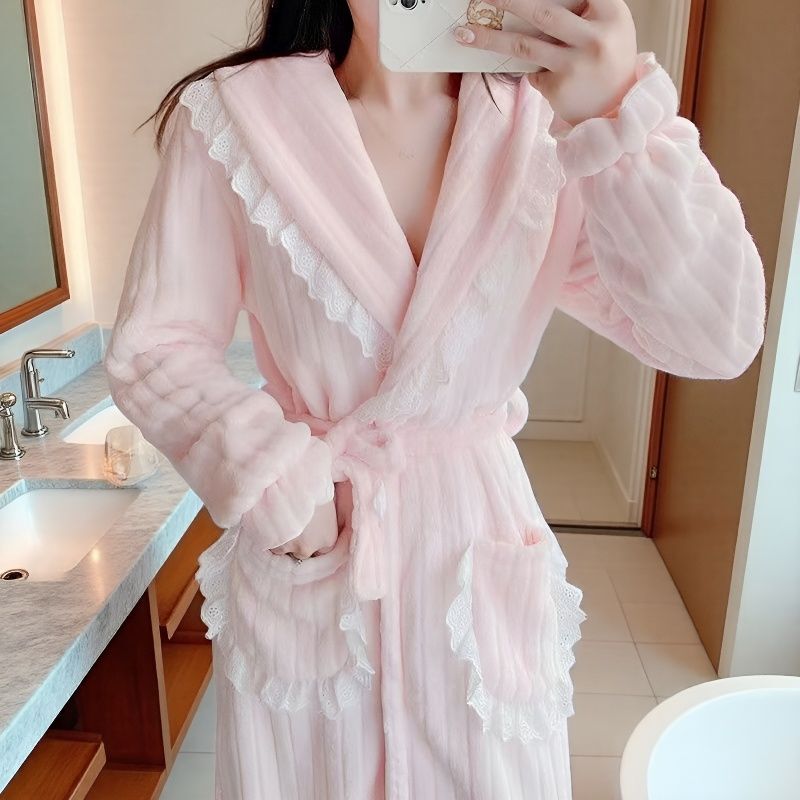 White Nightgown for Women, Winter Long Style, Thickened and Fleece-Lined, Cute Coral Fleece Bathrobe, Ladies' Nightdress, Winter Sleepwear White Nightgown for Women, Winter Long Style, Thickened and Fleece-Lined, Cute Coral Fleece Bathrobe, Ladies' Nightdress, Winter Sleepwear