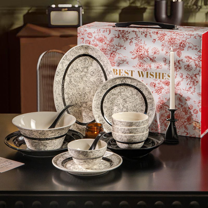 Dinnerware Set for Home Use, Ceramic Hepburn Bowl and Plate Combination, Housewarming and Wedding Gift, High-End Gift Box Dinnerware Set for Home Use, Ceramic Hepburn Bowl and Plate Combination, Housewarming and Wedding Gift, High-End Gift Box
