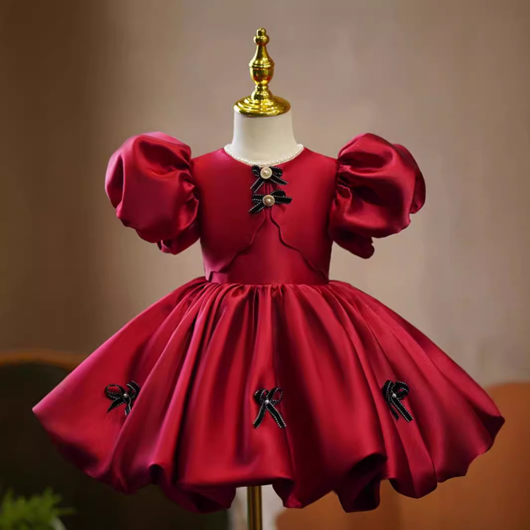 女寶寶一周歲生日禮服2024新款紅色兒童泡泡袖歐美公主裙工廠直銷