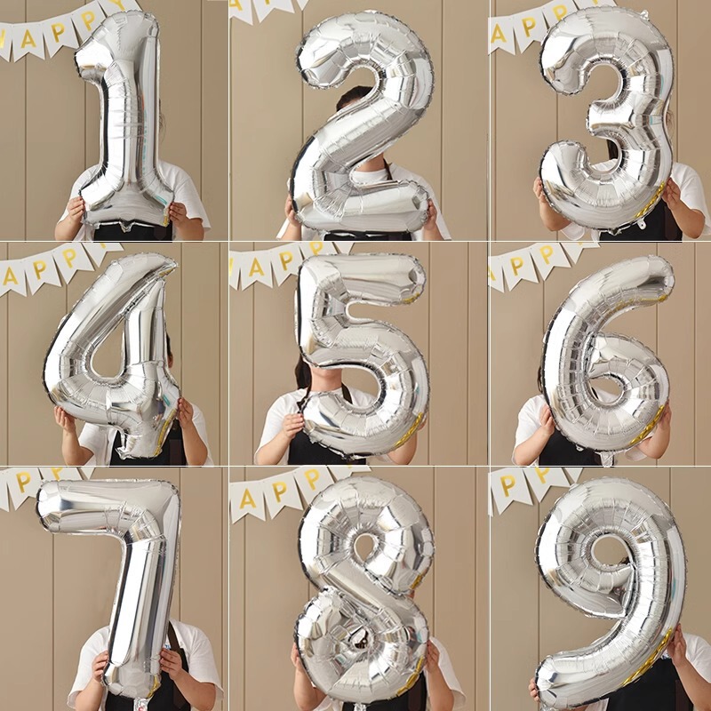 Silver Large Number Balloon 32inch Aluminum Film Children Adult Birthday Party Decoration Internet Celebrity Photo Props