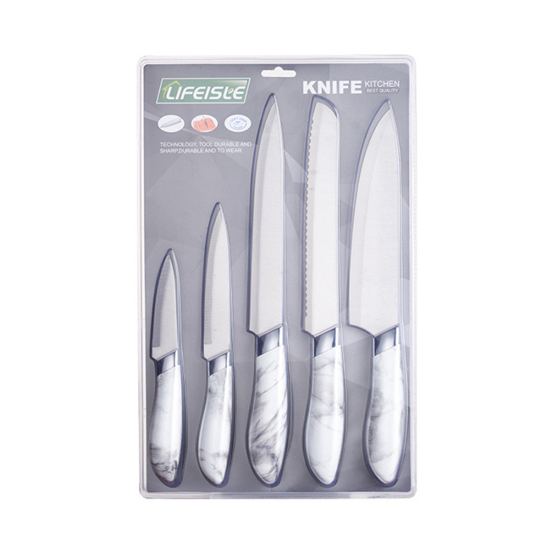Kit de cuchillos de cocina 5 piezas de acero inoxidable mármol con cabeza galvanizada fábrica de embalaje de tarjetas de succión spot Yangjiang