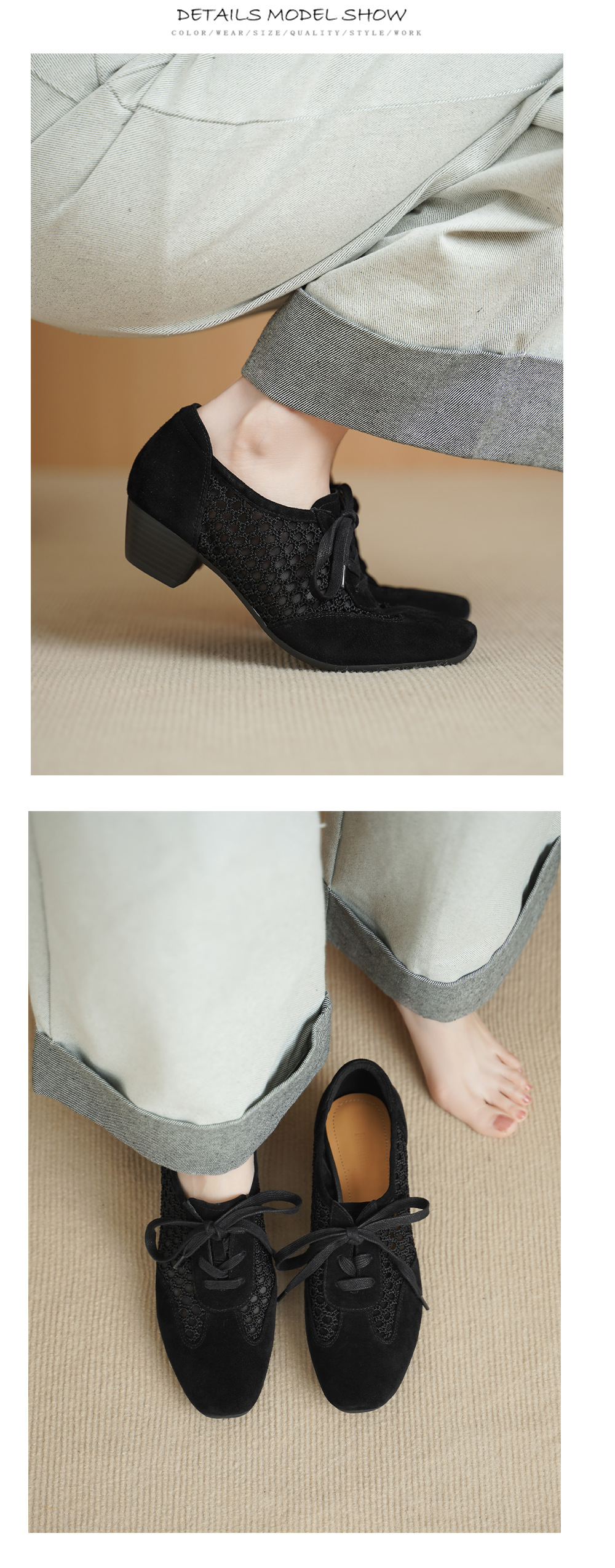 Giày sandal cao gót nữ hở mũi phối lưới, gót 4 cm, phong cách vintage — đen chi tiết 10