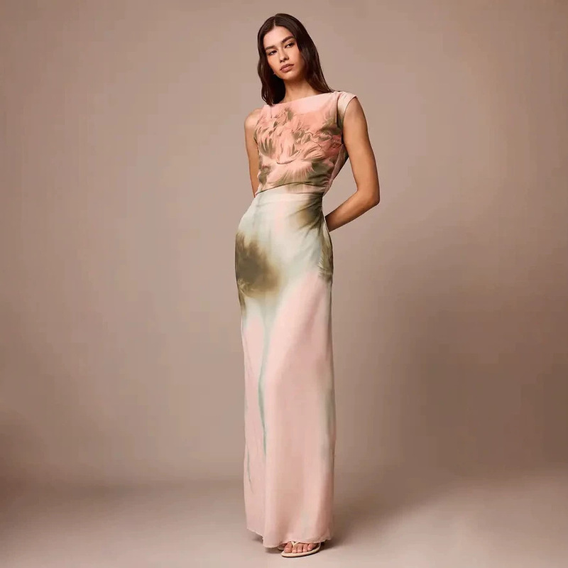 European and American cross-border sleeveless boat-neck floral print dress with drapey chiffon, slim-fit long formal dress