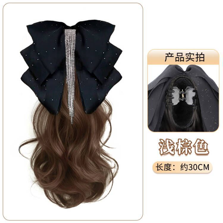 Cauda de caballo pelucón de cabello de mujer larga curva estrella agarrando clip de diamante flange arco de simulación de cabello bajo trenzada falsa cola de caballo
