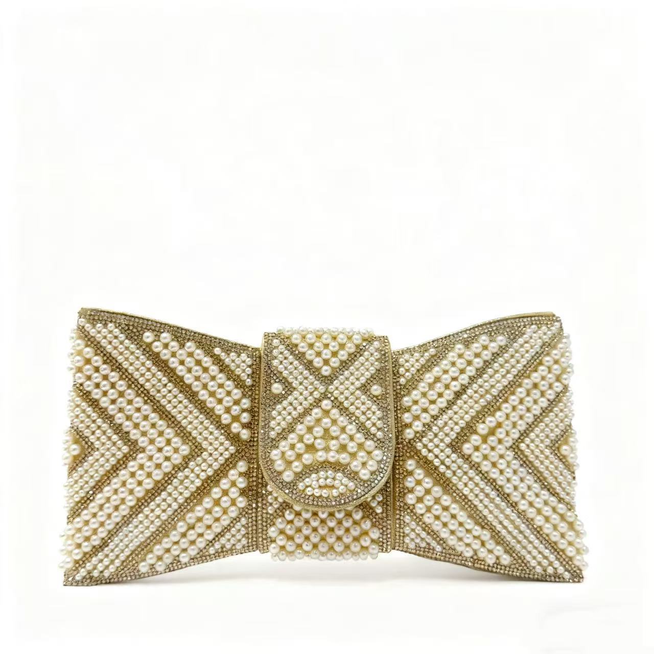 Bolsa de cena de damas transfronterizas, bolsa de mano de lujo ligera, perlas de diamante, bolsa de cena de arco inclinada de hombro único