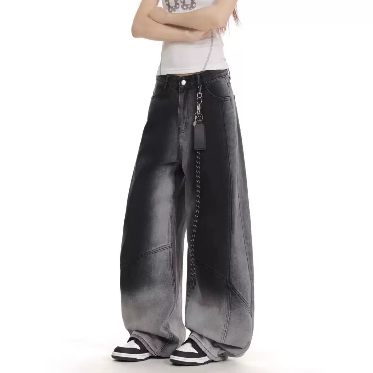 春秋带吊坠高街潮流痞帅牛仔裤男士宽松阔腿裤街头风百搭休闲裤子