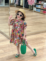 2024夏裝女童田園公主風油畫碎花娃娃裙女寶寶寬鬆泡泡短袖連衣裙