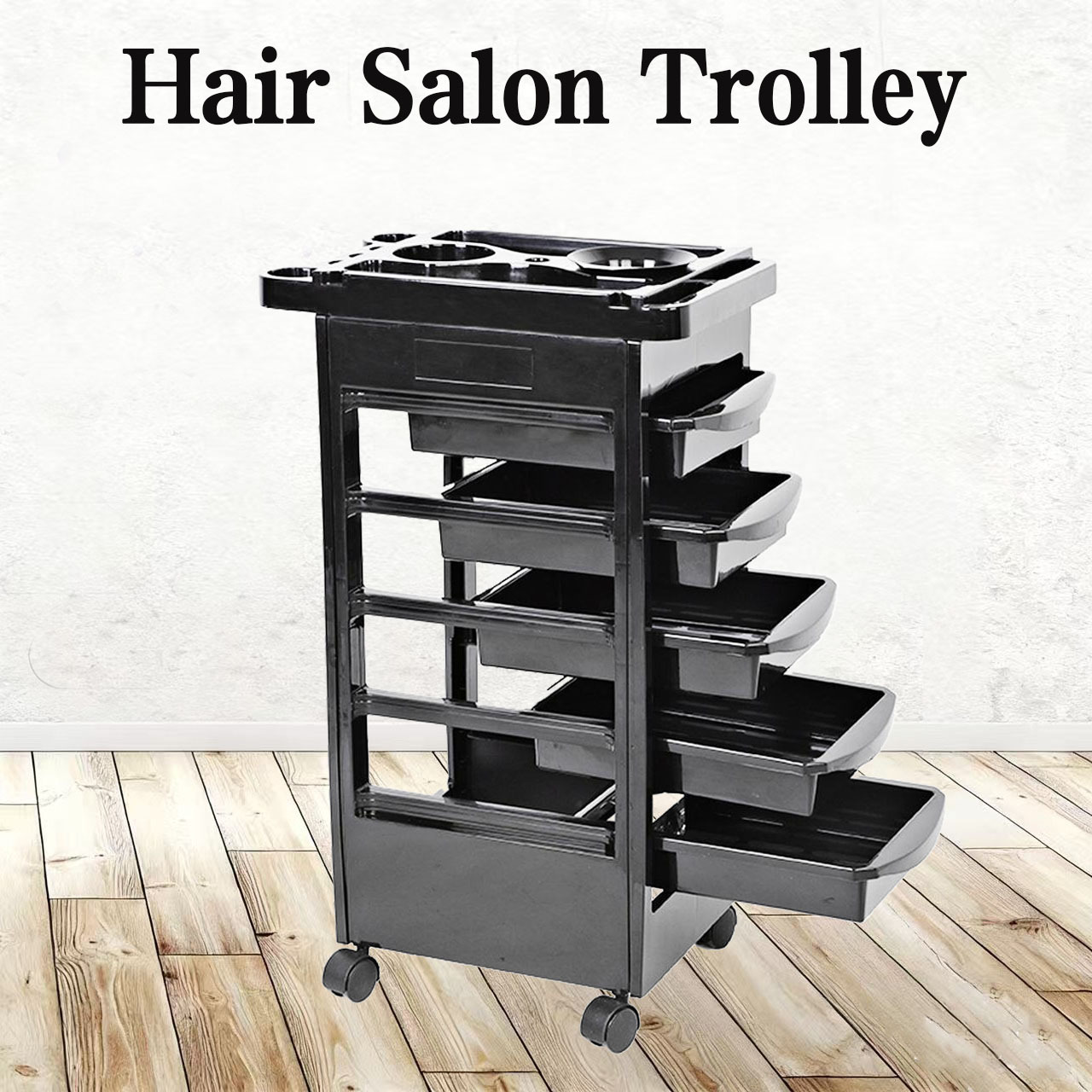 Carrito de peluquería con cinco capas, cuenco para tinte y asiento para secador de cabello de 360 grados, almacenamiento móvil móvil push, carro de movimiento de material PP