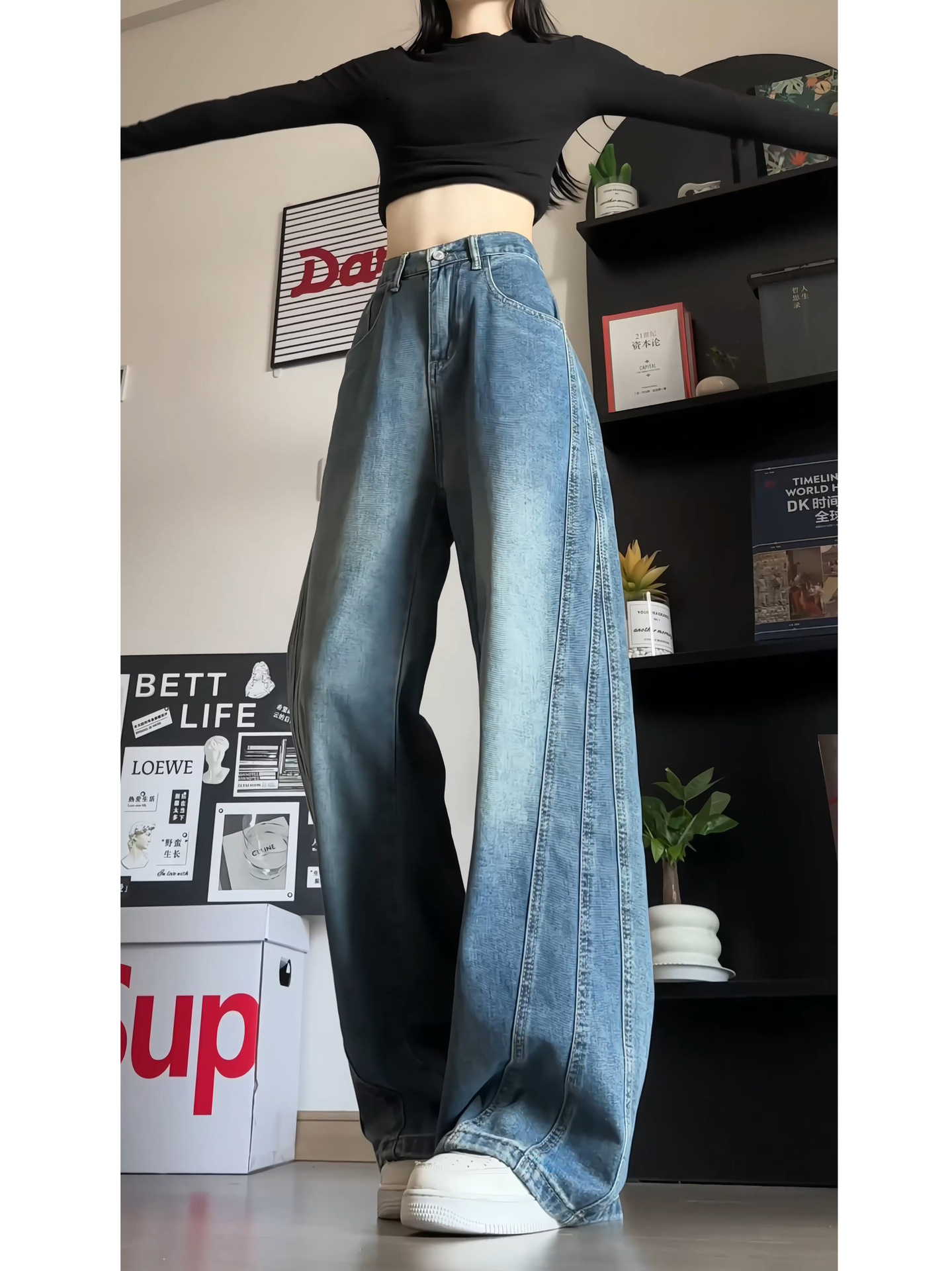 复古蓝牛仔裤女2025新款春秋大码胖mm宽松显瘦高腰梨型身材阔腿裤