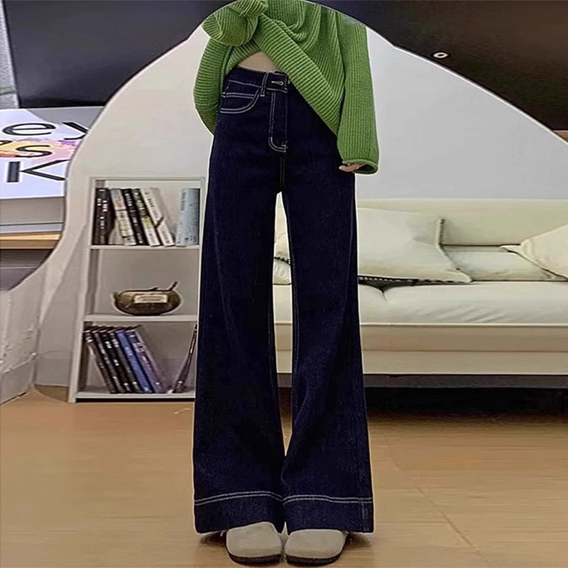 设计感美式深蓝色牛仔裤女2025秋季新款辣妹风百搭高腰显瘦阔腿裤|undefined
