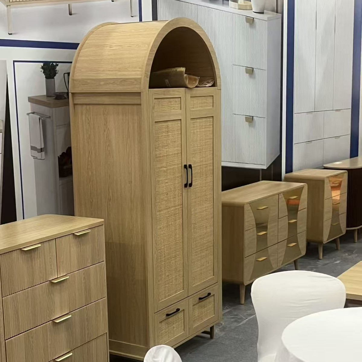 北欧木制藤编衣柜收纳柜小户型复古民宿拱形圆顶平开门储物衣橱柜
