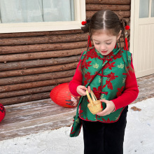 【夹棉】女童品质缎面雪尼尔提花旗袍马甲冬新中式拜年服加厚背心