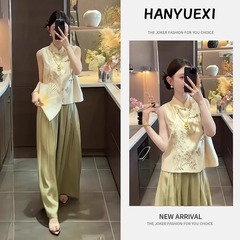 中国風の婦人服 2025 新しいレトロな新しい中国風の刺繍トップ夏の気質ドレープハイウエストカジュアルパンツスーツ