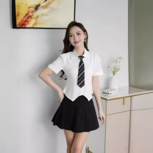 衬衫女学院风摆裙套装修身足疗足浴技师服空姐服 幼师工作服显高