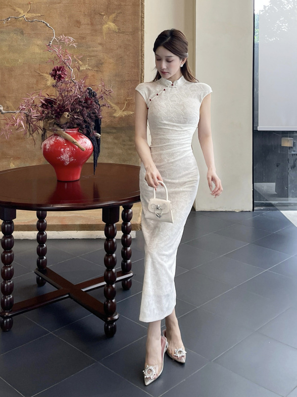 イリヤ新しい中国風のテクスチャードドレス女性の夏の中国風スリムフィットドレス XS25151GNG|undefined