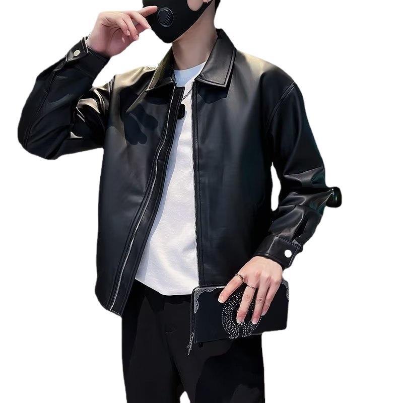 Ruan Shuai hombres ropa de motocicleta solapa chaqueta de cuero 2023 nuevo abrigo de cuero de los hombres de la marca de moda de los hombres de otoño e invierno