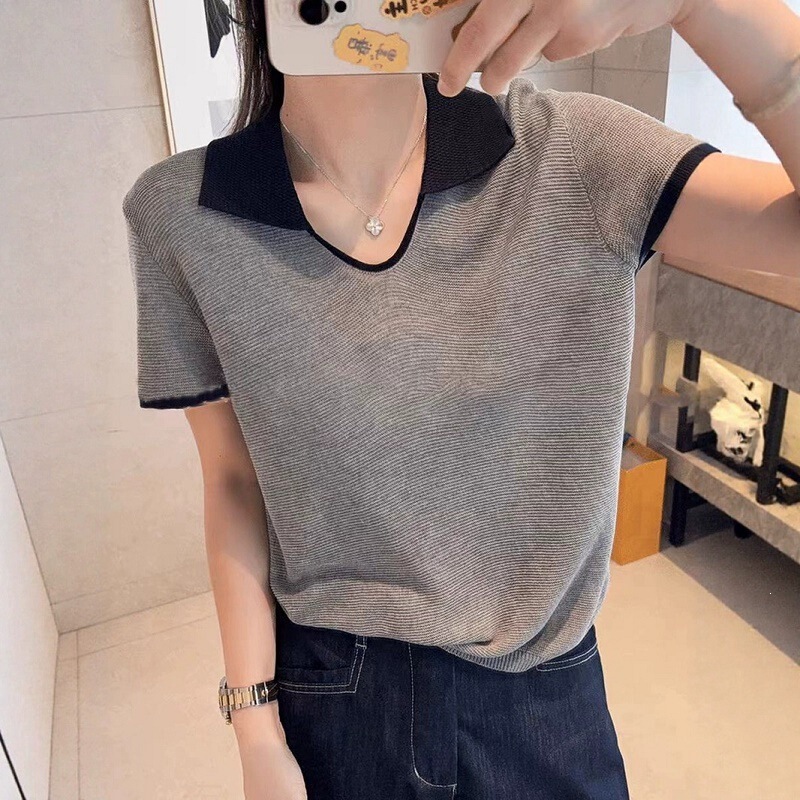 2026 Summer New Style Lapel Color-Blocking Niche Knit Top Stylish Short-Sleeve Blouse T-Shirt for Women 2026 Summer New Style Lapel Color-Blocking Niche Knit Top Stylish Short-Sleeve Blouse T-Shirt for Women