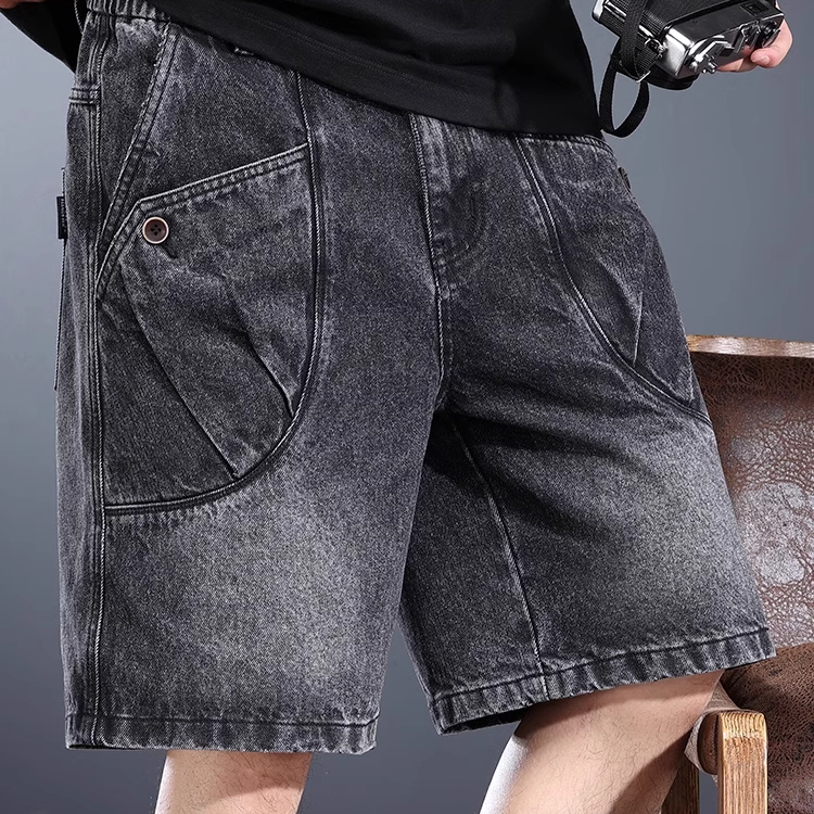 High-End Heavyweight Denim Shorts for Men, Summer Washed Vintage American Retro Five-Point Loose Trendy Cargo Mid-Length Shorts
