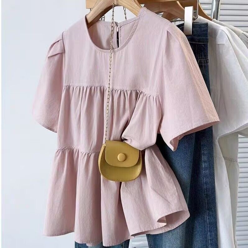 French-Style Short-Sleeve Loose Shirt for Women, Summer Plus-Size Solid Color Puff Sleeve Babydoll Shirt, Tummy-Concealing Slimming Top
