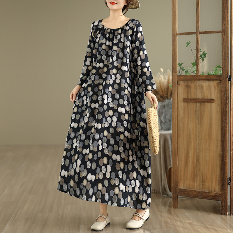 Real Shot of 2025 Autumn New Style Round Neck Ruched Loose Lazy Dress Minimalist Long-Sleeve Ultra-Long Dress Vacation Style