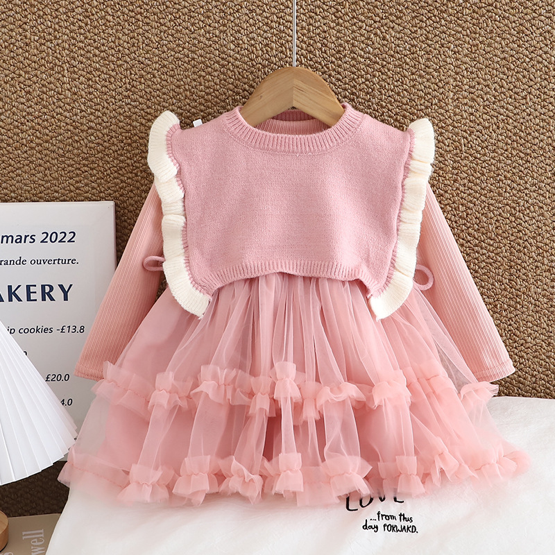 Girls' Autumn Long-sleeved dress Sweater Vest suit Children's Korean-style Fashionable Two-piece Dress Autumn