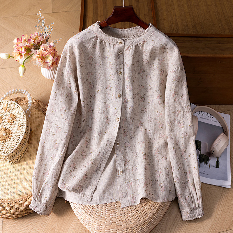 2026 New Style Hemp Long-Sleeved Shirt for Women, Artistic Printed Top, Versatile for Casual Daily Wear